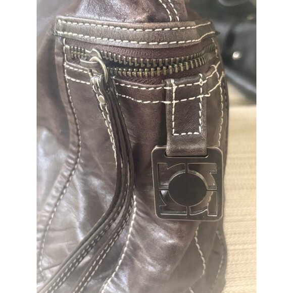 Kenneth Cole Reaction Large Brown Leather Distressed Shoulder Bag Many Zippers - Picture 4 of 12